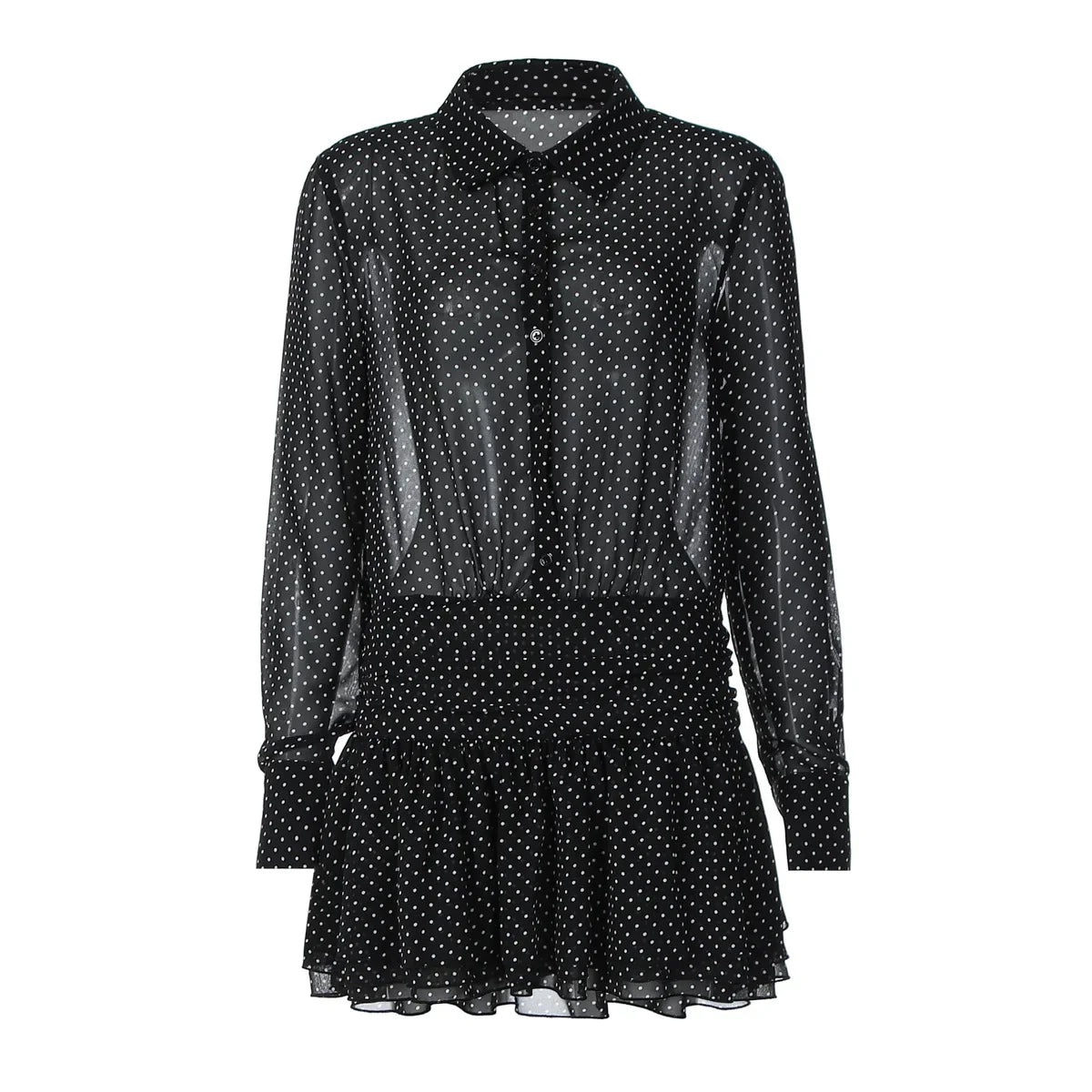 MQTIME  -  New Fashionable Polo Collar Patchwork Dot Mini Dress For Women Patchwork See-Through Elegant Party Dress Women's Autumn Dress