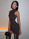 MQTIME  -  Turtleneck Sleeveless Sexy Mini Dress For Women Fashion Irregular Ruched Tank Dress Femme Elegant Club Christmas Party Dress