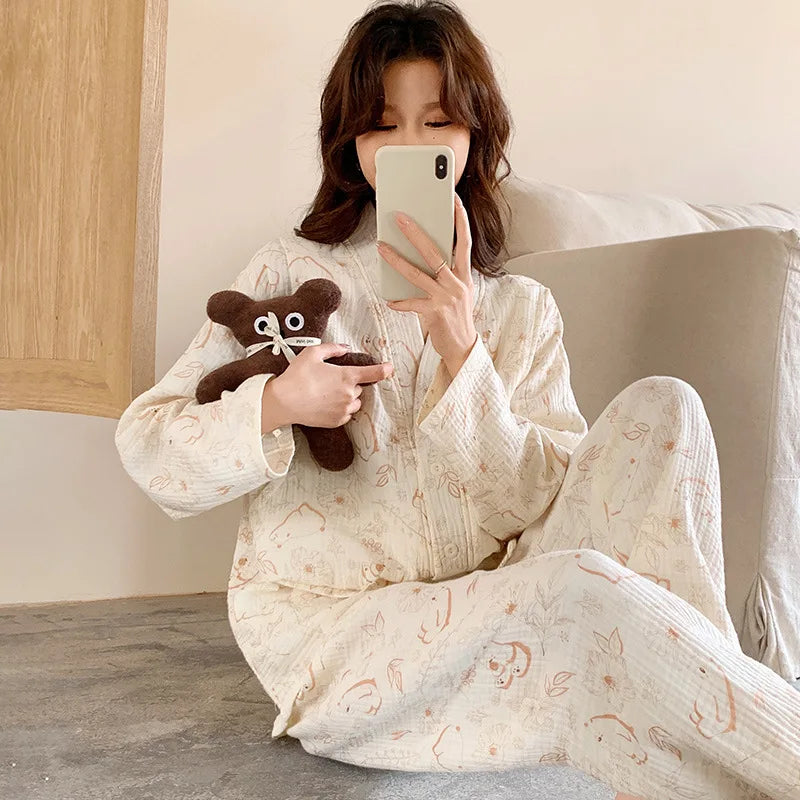 MQTIME  -  Maternity Nursing Sleepwear Sets 100% Cotton Feeding Pajamas Spring Autumn Thin Long Sleeve Top Pants Home Wear