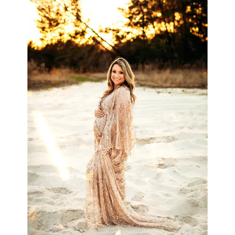 MQTIME  -  Sexy Sequin Maternity Photography Long Dress Lace Perspective Pregnancy Dress Photo Shoot Gown Baby Shower Dress
