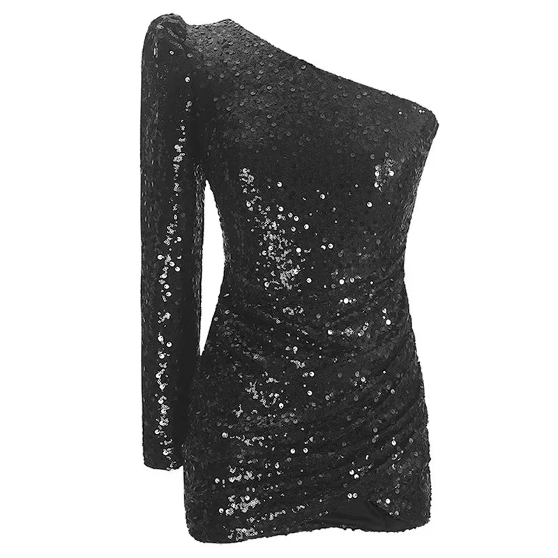 MQTIME  -  Women's One Shoulder Dress Shiny Sequined Formal Evening Dress Fashion Sexy V-Neck Bodycon Cocktail Party Dresses Xiny2