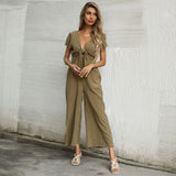 MQTIME  - Sexy V-Neck Solid Color Women Jumpsuits Short Sleeve Bandage Casual Commute Playsuits Summer New Fashion Bodysuit Wide Leg Pants