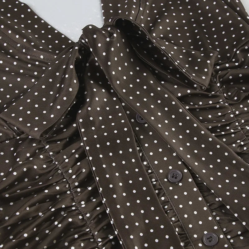 MQTIME  -  French lace up bow polka dot breasted short top with retro style, pleated waist, slimming effect, versatile short sleeved shirt
