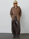 MQTIME  -  Fashion Women's Black High Waist Wide Leg PU Leather Pants Elastic Waist Pockets 2025 Autumn Winter Female High Street Outerwear
