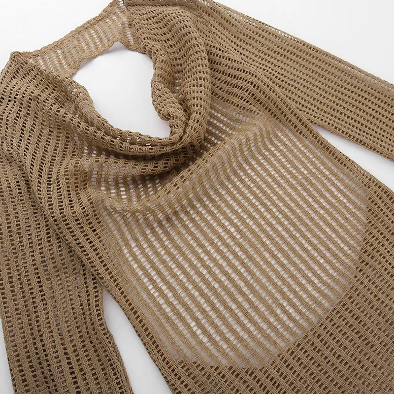 MQTIME  -  V Neck Backless Beach Mini Dress For Women Knitted Fishnet See Through  Long Sleeve Club Sexy Elastic Casual Party Vestidos