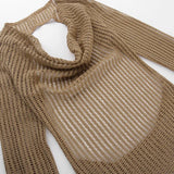 MQTIME  -  V Neck Backless Beach Mini Dress For Women Knitted Fishnet See Through  Long Sleeve Club Sexy Elastic Casual Party Vestidos