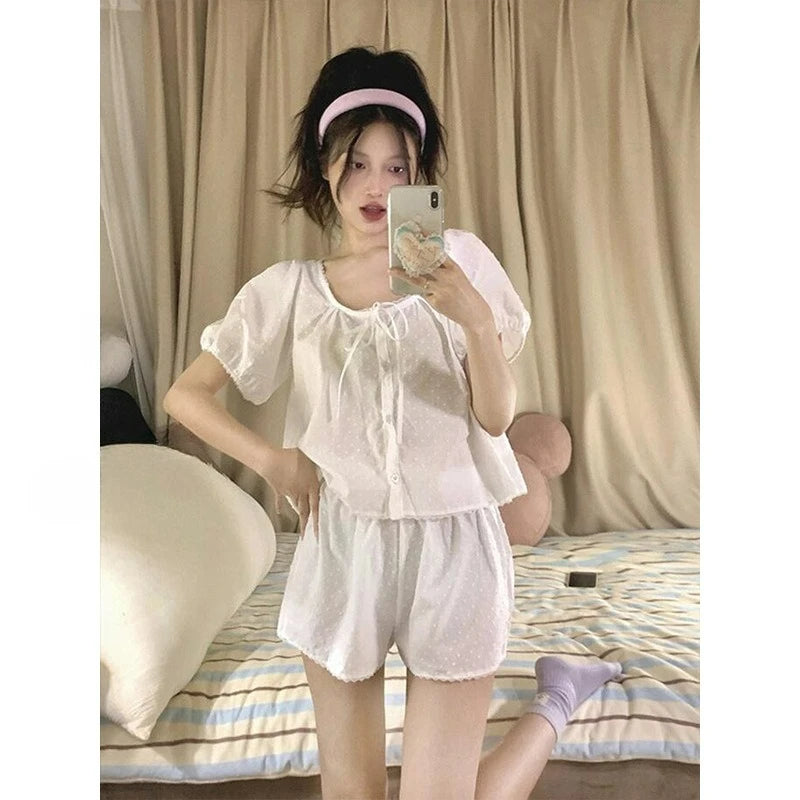 MQTIME  -  Jacquard Lace-up French Sweet Pajamas Women's Summer New Girl Gentle Wind Short-sleeved Shorts Loungewear Set Trendy Comfortable