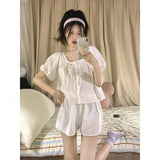 MQTIME  -  Jacquard Lace-up French Sweet Pajamas Women's Summer New Girl Gentle Wind Short-sleeved Shorts Loungewear Set Trendy Comfortable