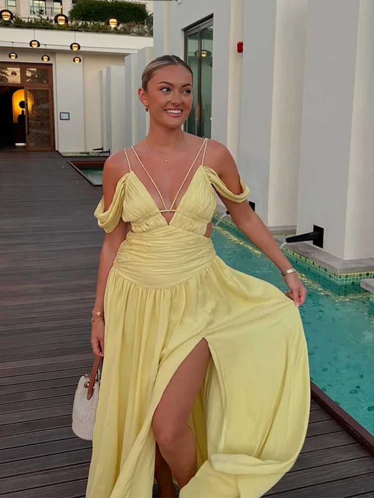 MQTIME  -   Elegant Women's Butter Yellow Maxi Dress Off-Shoulder  Plunge Ruched Waist Side Cutout High Side Slit Formal Evening Party Gown