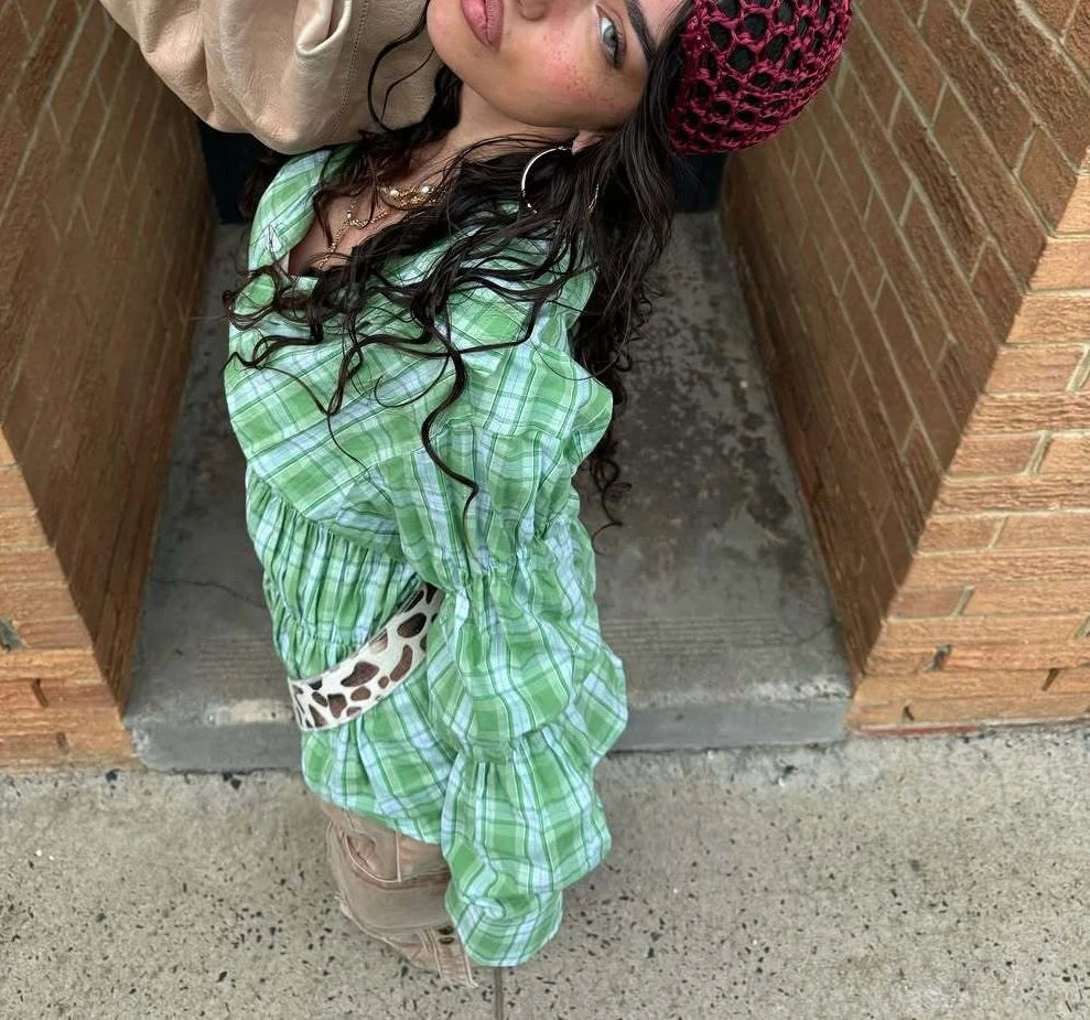 MQTIME  -  Spring 2025 New Style Checked Fitted Blouse for Ladies with Pleated Sleeves and Shirt Design streetwear dress for women