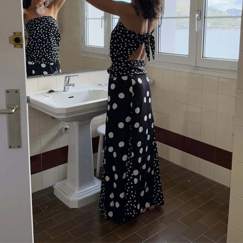 MQTIME  -  Sexy Swing Collar Tops & Long Skirt Suit Women Elegant Simple Polka Dot Print Party Skirt Outfits Casual Sleevless Slim 2Pc Sets