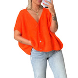 MQTIME  -  Women's Y2K Basic Loose Fit Short Sleeve Knitwear Cardigan Solid Color Button Down Deep V-Neck Lightweight Sweaters