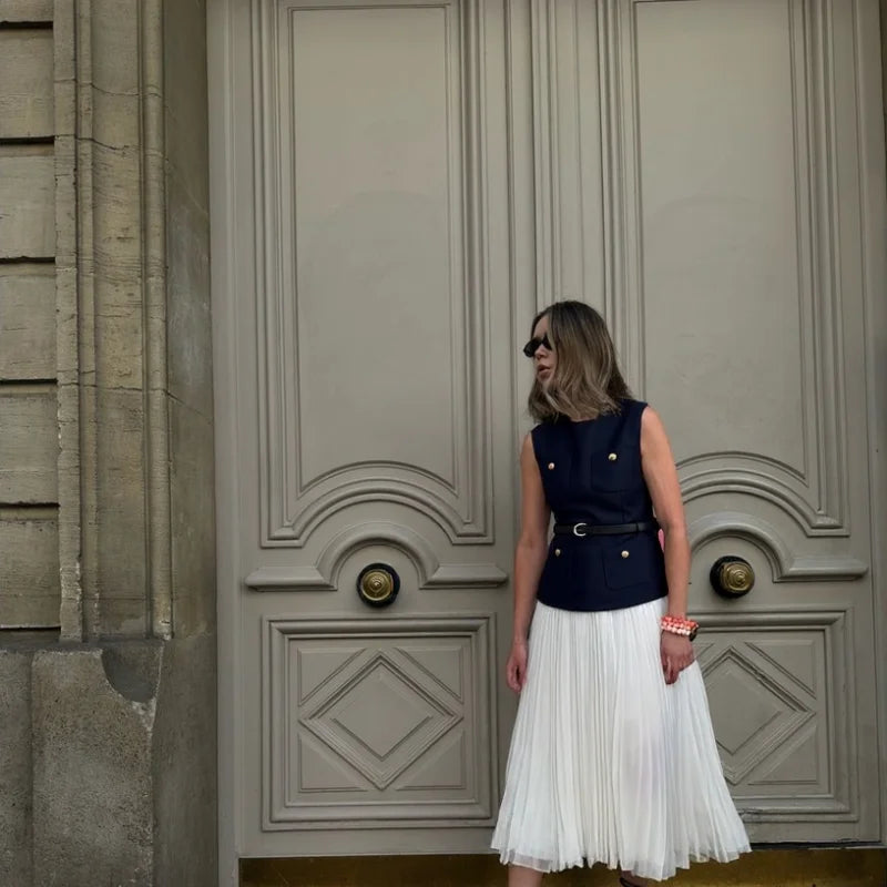 MQTIME  -  Casual Patchwork Pleated Dress Women Office Sashes O-neck Sleeveless Button Dresses Female 2025 Summer Fall Evening Robes Lady