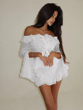 MQTIME  -  Chic Solid Women's Two Piece Suit Off The Shoulder Flare Sleeve Cascading Ruffle Top A-line Short Skirt 2025 Lady Causal Outfits