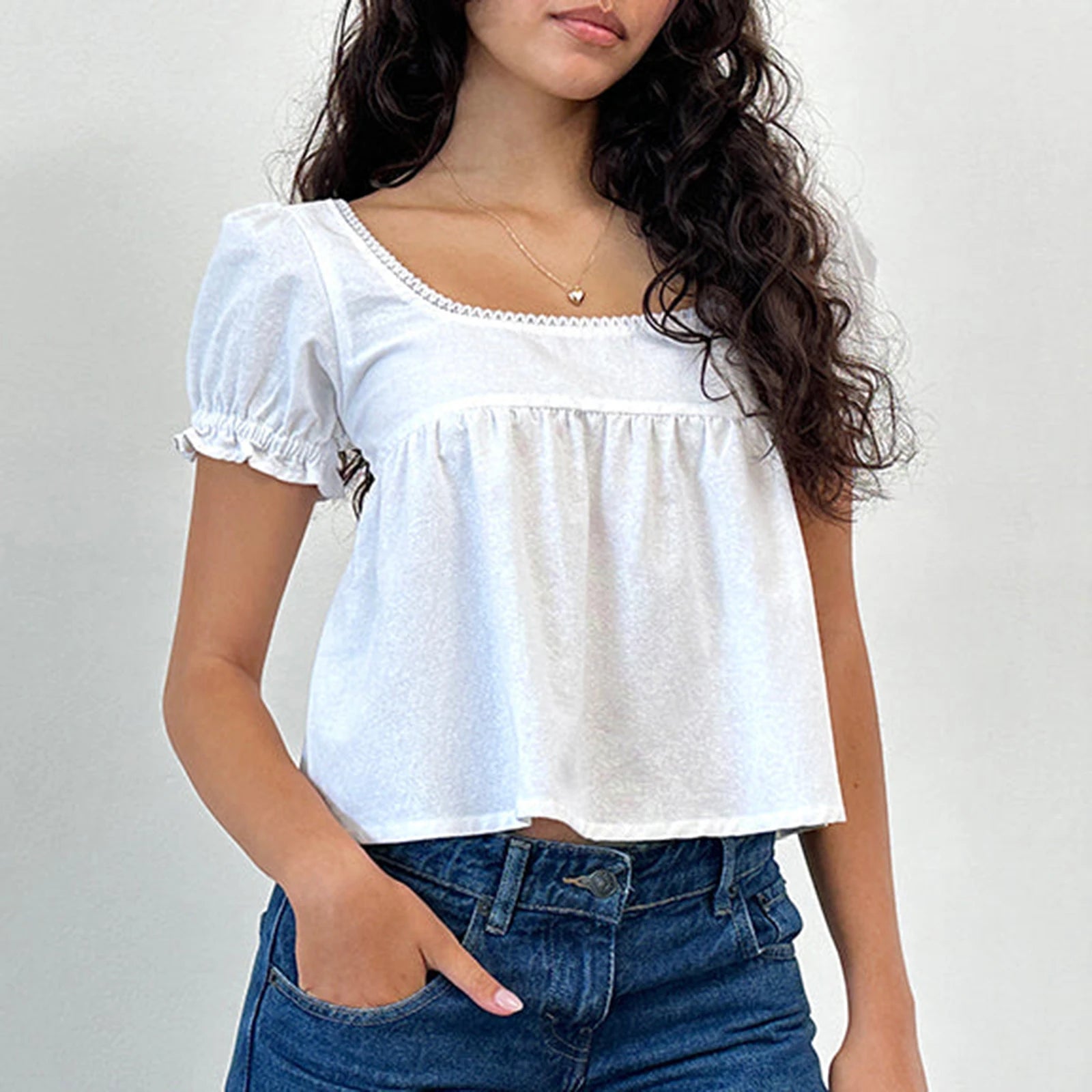 MQTIME  -  Women's Y2K Cute Ruffled Puff Short Sleeve Solid Color Cropped T-Shirts Square Neck Summer Babydoll Tops Streetwear