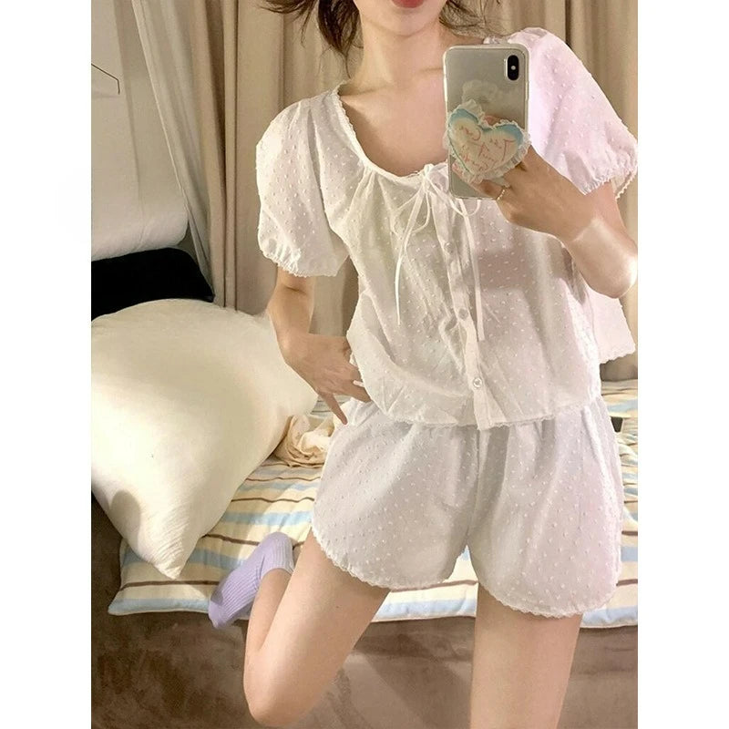 MQTIME  -  Jacquard Lace-up French Sweet Pajamas Women's Summer New Girl Gentle Wind Short-sleeved Shorts Loungewear Set Trendy Comfortable