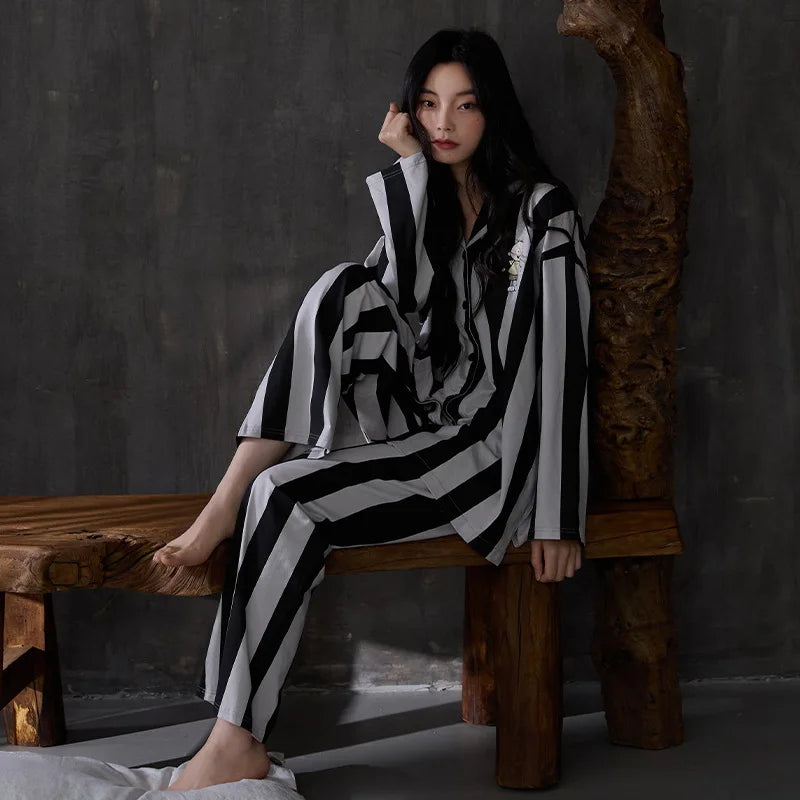 MQTIME  -  Women Spring Autumn and Winter Pure Cotton Long-sleeved Striped Lace Lapel High-end Light Luxury Loungewear Set Comfort