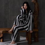 MQTIME  -  Women Spring Autumn and Winter Pure Cotton Long-sleeved Striped Lace Lapel High-end Light Luxury Loungewear Set Comfort