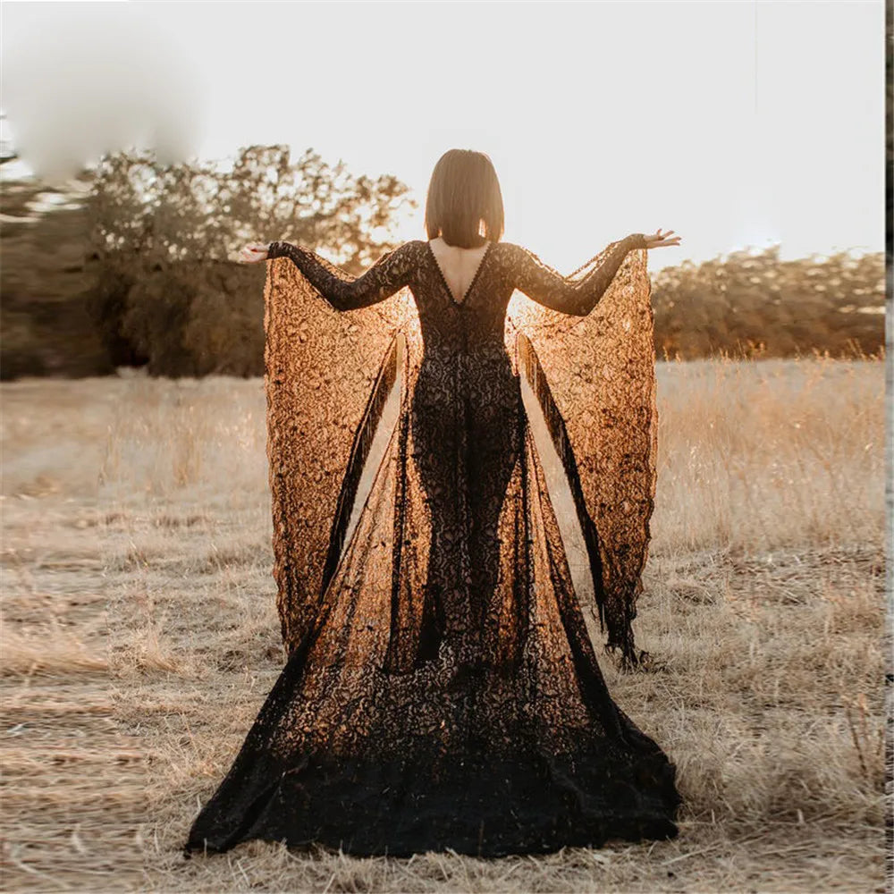 MQTIME  -  Sexy Black Lace Pregnancy Dress For Photo Shoot Fancy Maternity Dresses Photography Prop Split Side Pregnant Women Maxi Gown