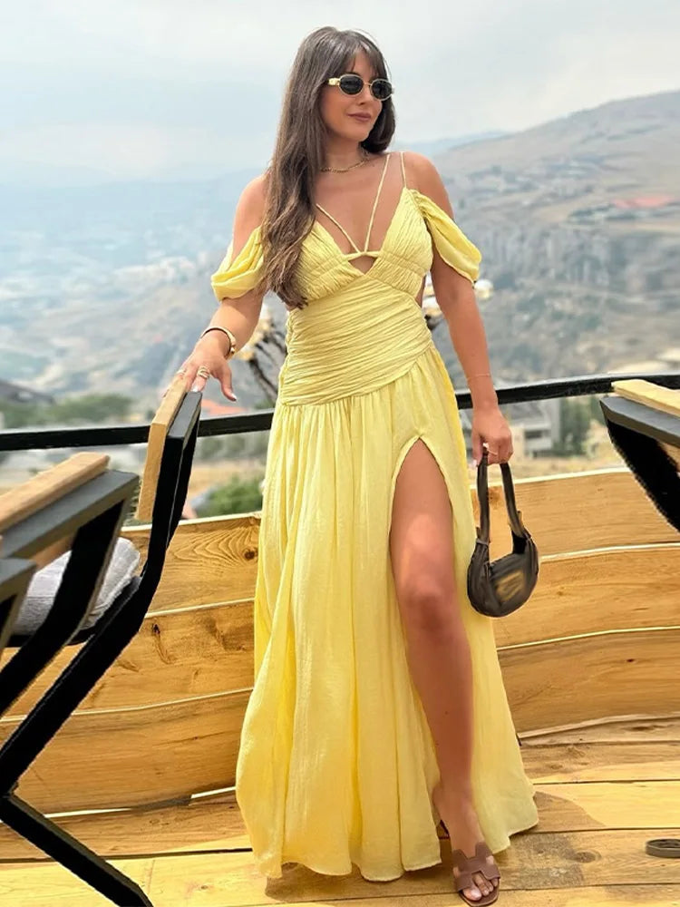 MQTIME  -   Elegant Women's Butter Yellow Maxi Dress Off-Shoulder  Plunge Ruched Waist Side Cutout High Side Slit Formal Evening Party Gown