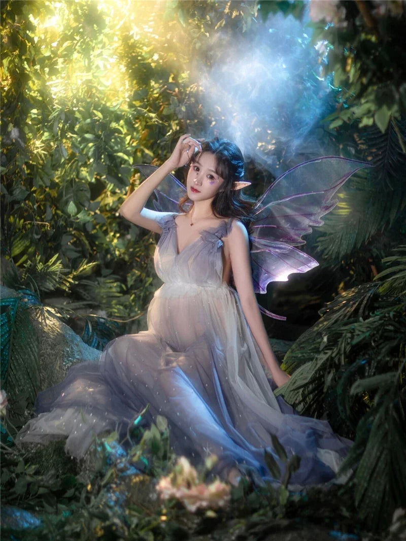 MQTIME  -   Women Photography Props Champange Mesh V-neck Fairy Elegant Maternity Dresses Perspective Pregnancy Dress for Studio Shooting