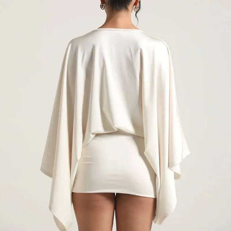 MQTIME  -   Sexy Deep V-neck Hollow Slim Hip Dresses Woman Spring Solid Elegant Commute Lady Dress Autumn Long Sleeve Satin Mini Dress Mujer