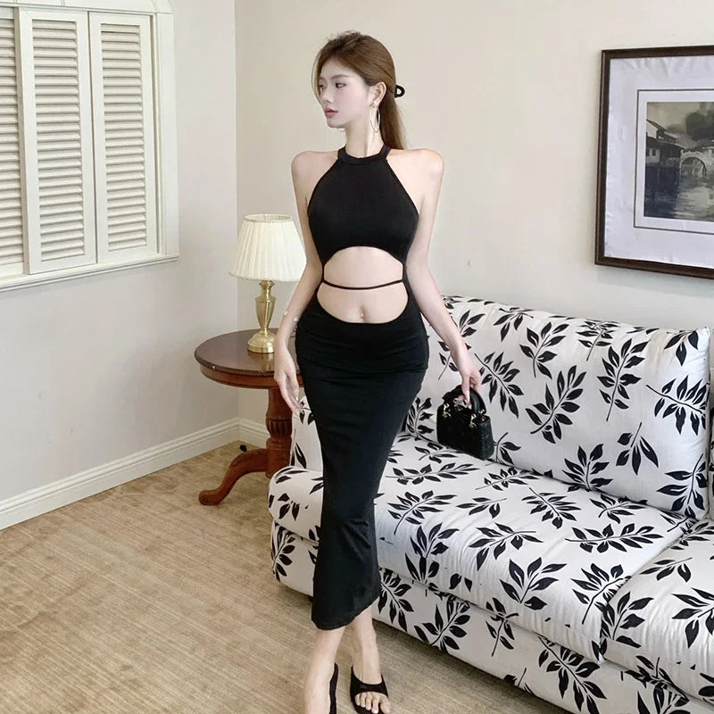 MQTIME  -  Hollow Out Sexy Crop Dress Women Slim Fit American Hotsweet Black Patchwork Dress Summer Sleeveless Halter Simple Knit Dress