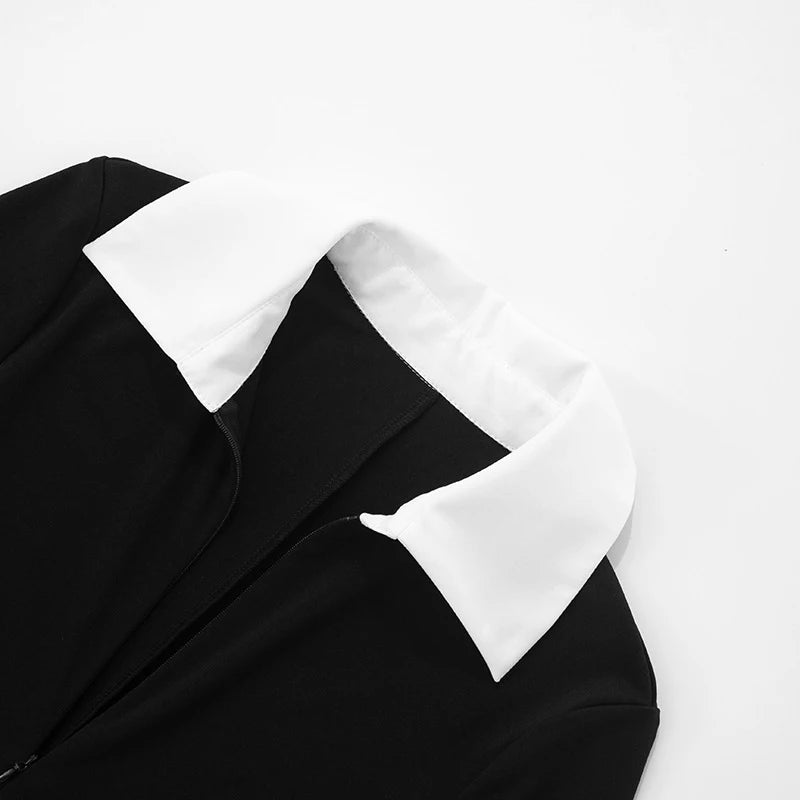 MQTIME  -  Women Fashion Commuter Clothing Color Contrasting Zipper Turn-down Neck  Long sleeved Tight Sexy High Waist Shorts Jumpsuit