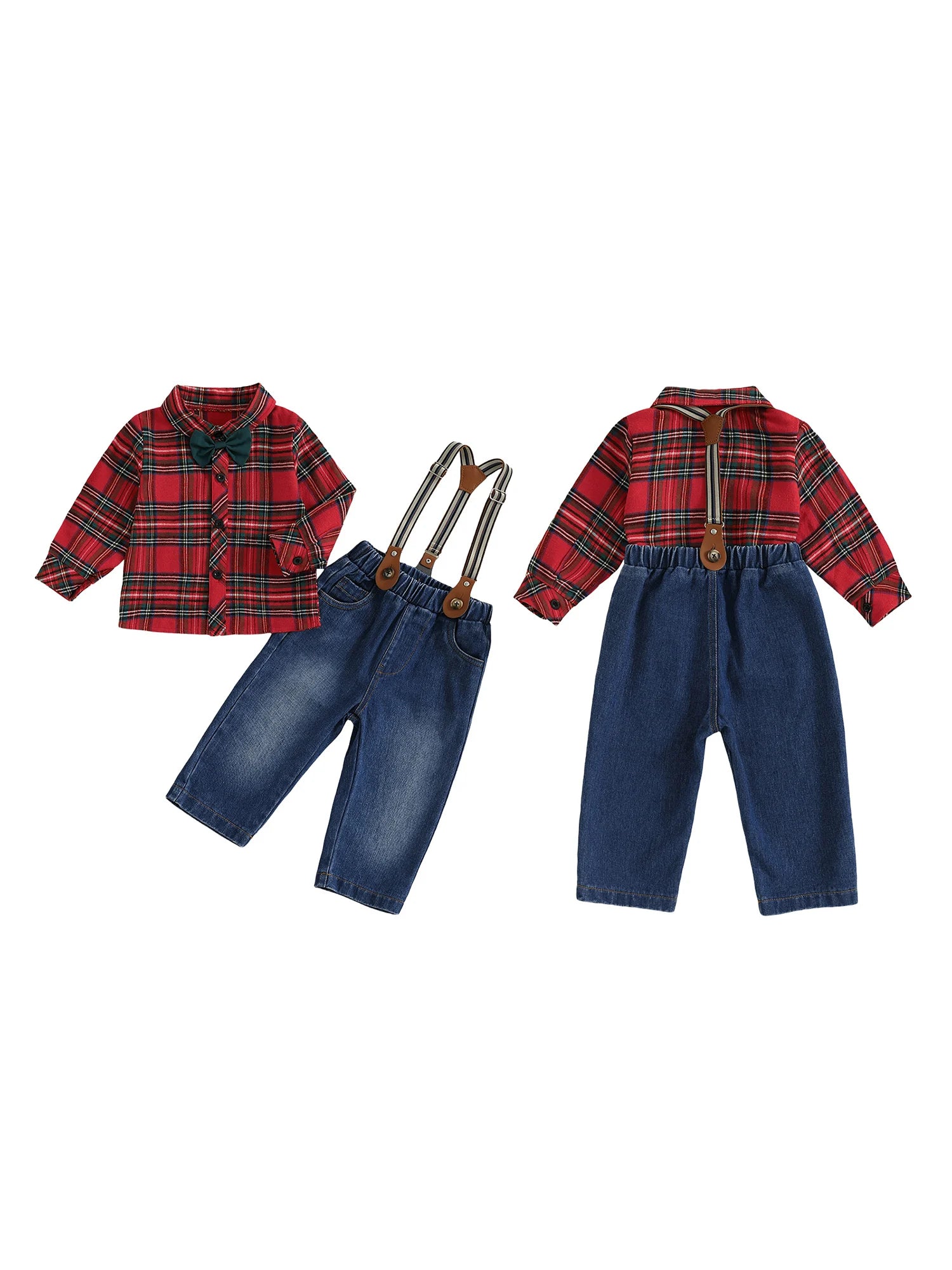 MQTIME  -  Boys Winter 2Pcs Outfits Long Sleeve Lapel Checkered Shirts Denim Overalls Sets with Adjustable Suspenders