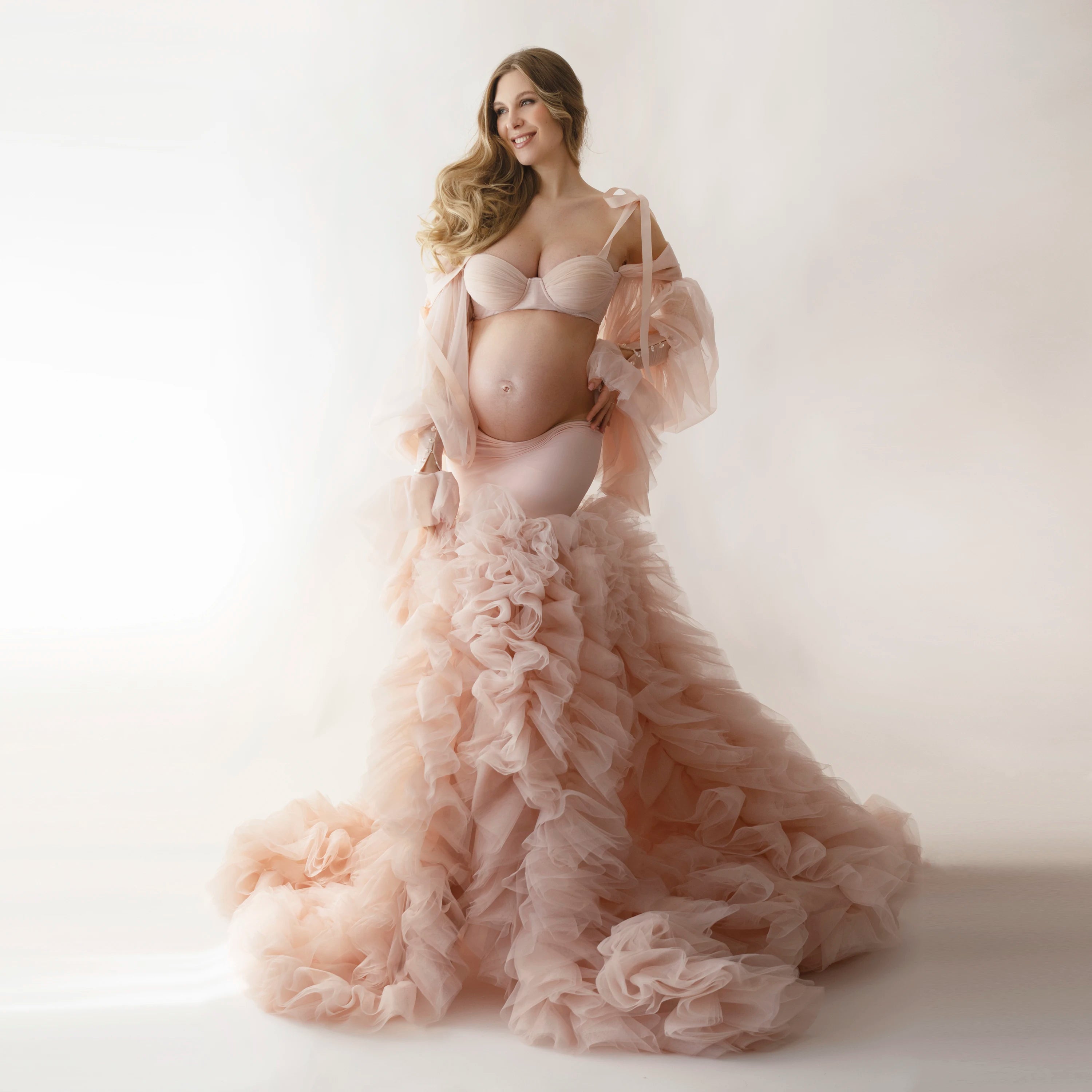 Mqtime Elegant Light Pink Maternity Outfit for Photoshoot Two Pieces Maternity Dresses for Pregnant Women Babyshower Dress Photography