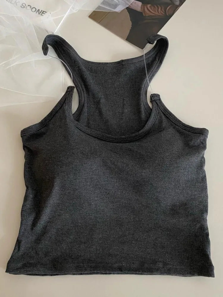 MQTIME  -  Invisible Strap Tank Top For Women Knit Ribbed Sleeveless Basic T-Shirt Cropped Corset Bustier Tops With Open Shoulder