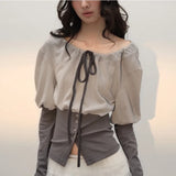 MQTIME  -  French round neck bow tie tie contrasting color waistband lantern long sleeved top T-shirt for women