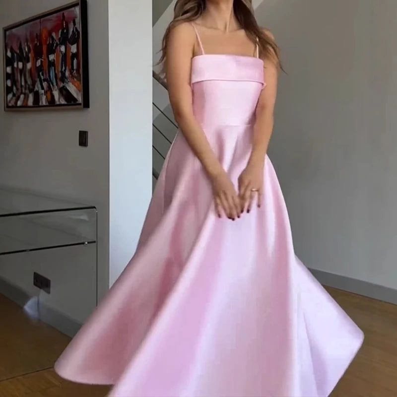 MQTIME  -  2025 Summer Retro Style Satin Spaghetti Strap Evening Dress Fashion High Waist A-line Ruched Banquet Gowns for Laies