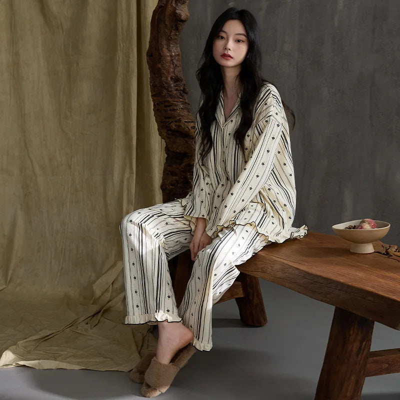 MQTIME  -  Women Spring Autumn and Winter Pure Cotton Long-sleeved Striped Lace Lapel High-end Light Luxury Loungewear Set Comfort