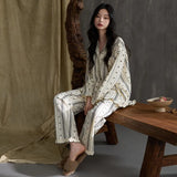 MQTIME  -  Women Spring Autumn and Winter Pure Cotton Long-sleeved Striped Lace Lapel High-end Light Luxury Loungewear Set Comfort