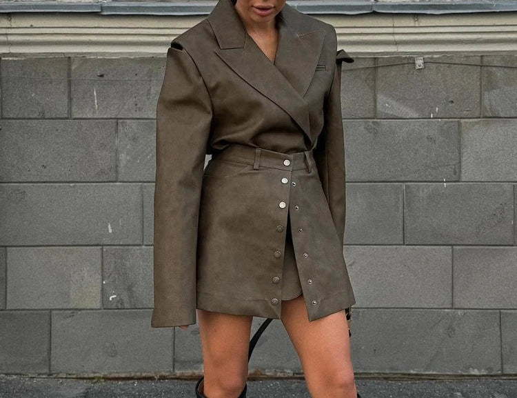 MQTIME  -  Retro Fashion PU Leather Skirt Set Women's Design Sense Cutout Long Sleeve Top Luxury Sense Two-piece Set