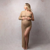 MQTIME  -  Off-the-shoulder Knitted Maternity Photo Shoot Long Dresses Hollow Out Lace Pregnancy Photography Dress Sides Slit Stretchy