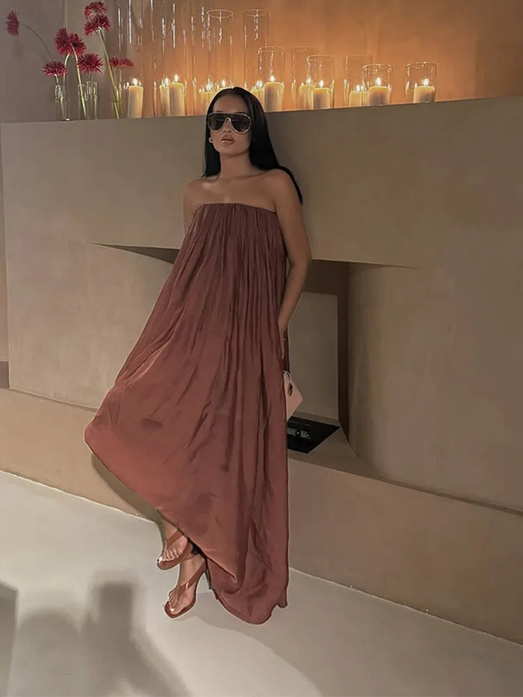 MQTIME  -   Fashion Women's Sleeveless Maxi Dress Oversized Pleated Long Dresses Gown Evening Party Chic 2025 Summer Beach Vacation Outfit