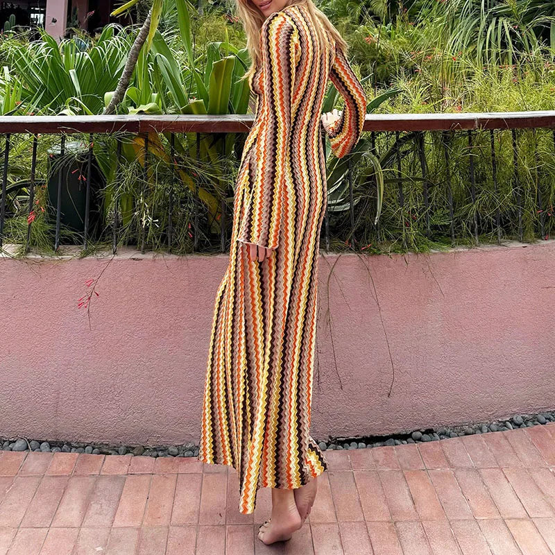 MQTIME  -  Elegant Stripes Print Hollow Out Long Dress Women Sexy V-neck Long Sleeve Wrap Hip Dress Fashion Hight Waist Slim Party Dresses