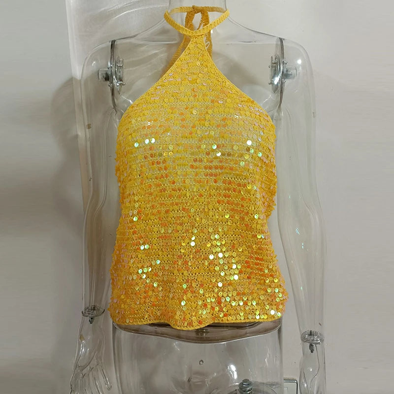 MQTIME  -  Solid Sexy Halter Sleeveless Sequins Tank Tops Stylish Cocktail Backless Slim Tops Ladies 2025 Summer Party New Glitter Camisole