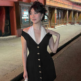 MQTIME  -  Black and White Patchwork Halterneck Mini Dress Elegant Outfits Button Up A Line Dresses Summer Y2k Woman New