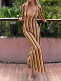 MQTIME  -  Elegant Stripes Print Hollow Out Long Dress Women Sexy V-neck Long Sleeve Wrap Hip Dress Fashion Hight Waist Slim Party Dresses