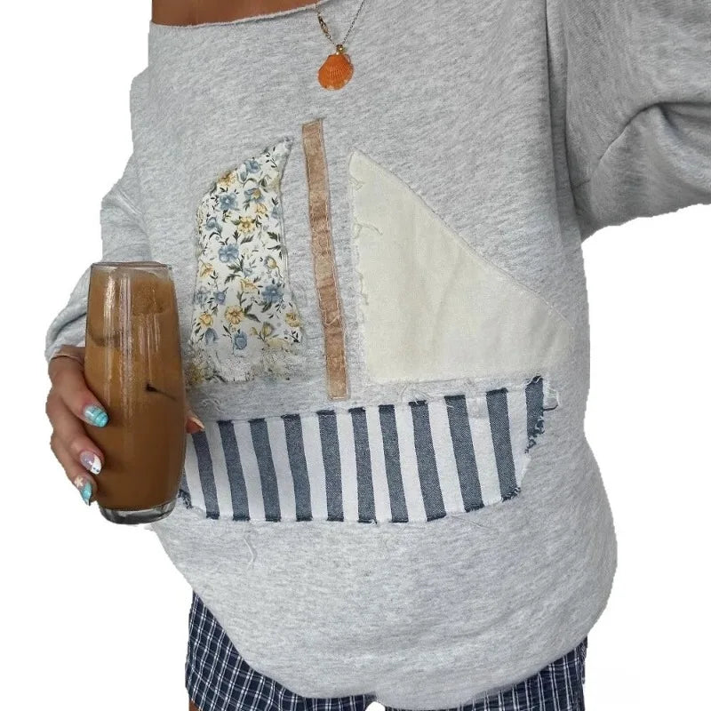 MQTIME  -  25 Autumn New Collection of European and American Women's Ocean Sailboat Patchwork Slant Shoulder One Shoulder Two Wear Hoodie