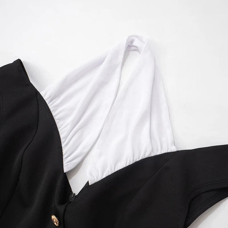 MQTIME  -  Black and White Patchwork Halterneck Mini Dress Elegant Outfits Button Up A Line Dresses Summer Y2k Woman New