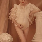MQTIME  -   Sexy Shoulderless Bodysuit Rulles Tulle Pregnancy Dress White Maternity Photography Dresses for Photo Shoot Prop Accessories
