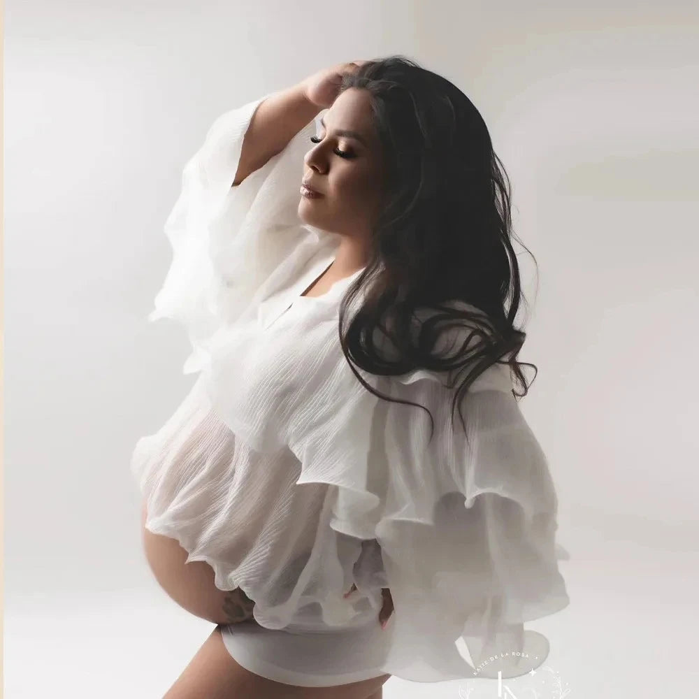 MQTIME  -  White Chiffon Ruffles Maternity Photography Tops Shirts Long Sleeve V Neck Pleats Chiffon Shirts For Pregnancy Photoshoot Blouse