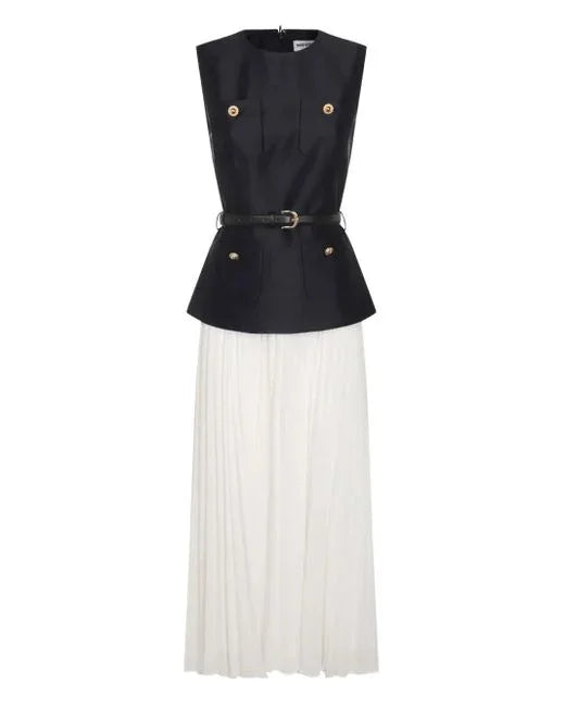 MQTIME  -  Casual Patchwork Pleated Dress Women Office Sashes O-neck Sleeveless Button Dresses Female 2025 Summer Fall Evening Robes Lady