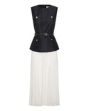 MQTIME  -  Casual Patchwork Pleated Dress Women Office Sashes O-neck Sleeveless Button Dresses Female 2025 Summer Fall Evening Robes Lady