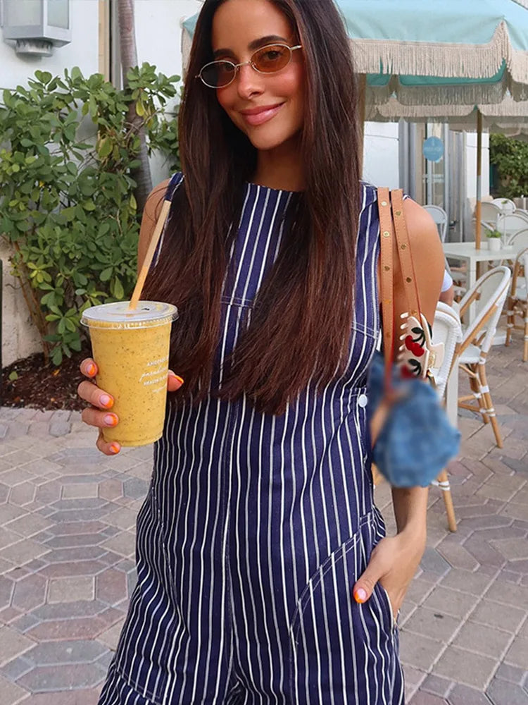 MQTIME  -  Women's Casual Stripe Jumpsuit O-neck Sleeveles High Waist Wide Leg Trousers Bodysuit Female Summer Fashion Lady Rompers