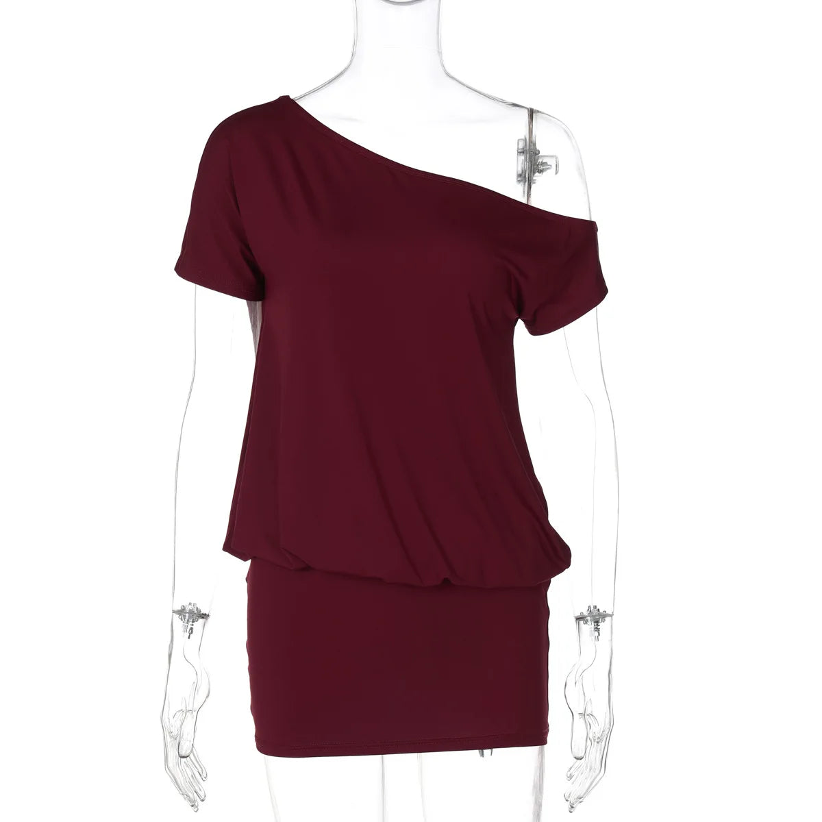 MQTIME  -  Short Sleeve Fashion Slim High Waist Club Party DressSolid Off Shoulder Mini Dresses Women Slanted Shoulders Summer Robes
